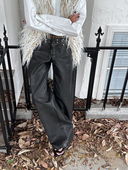 Leopard Pattern Splicing Leather Wide Pants【s0000004171】