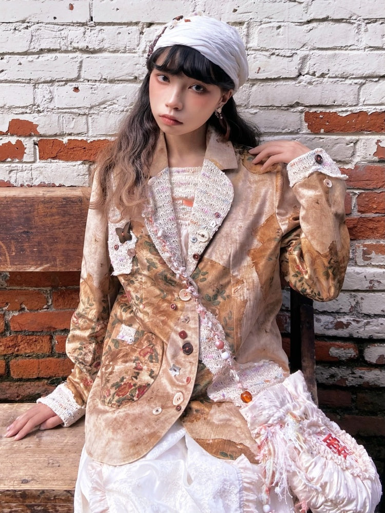 Retro Velvet Splicing Various Buttons Floral Jacket【s0000003586】