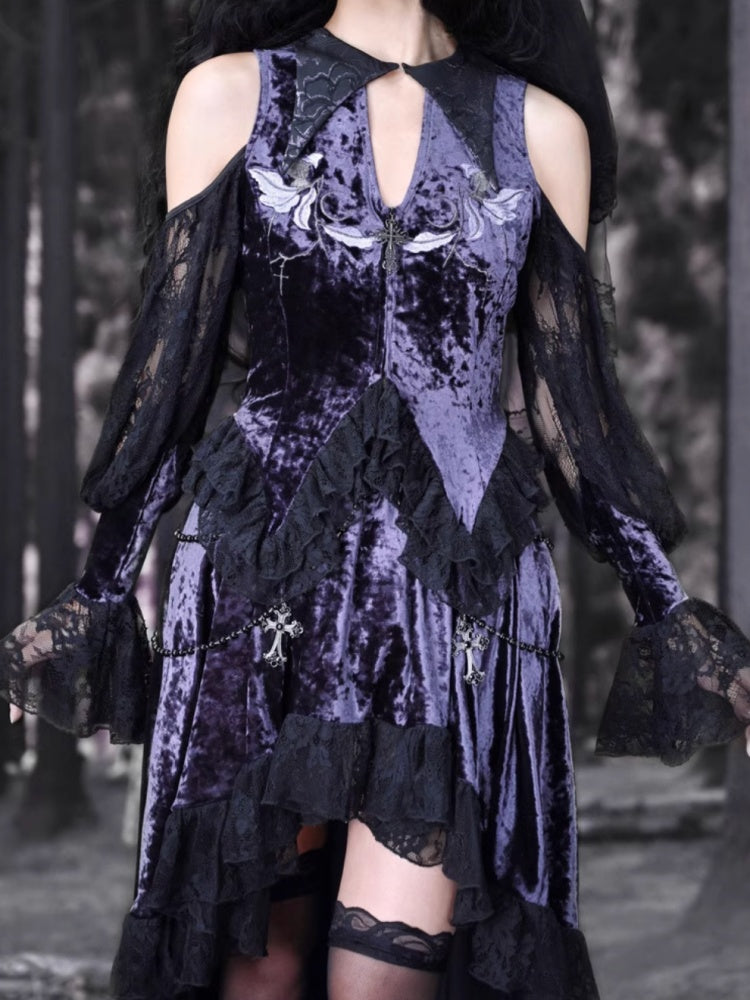 Gothic Velvet Open Shoulder Lace Flower Blouse【s0000003868】