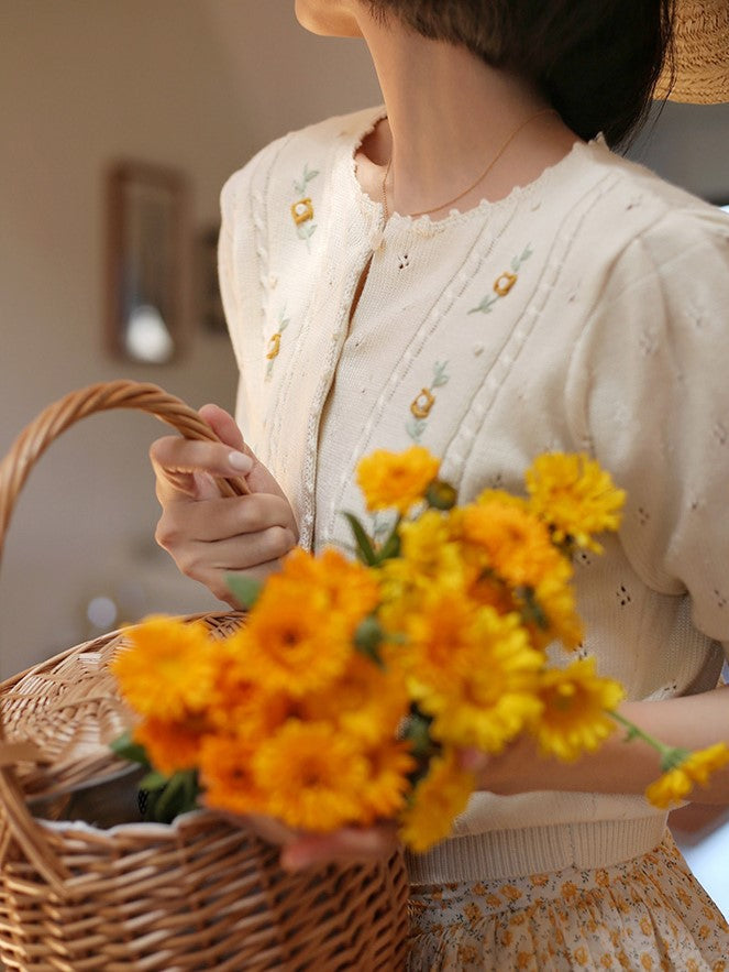 Ivory Flower Embroidered Knit Cardigan