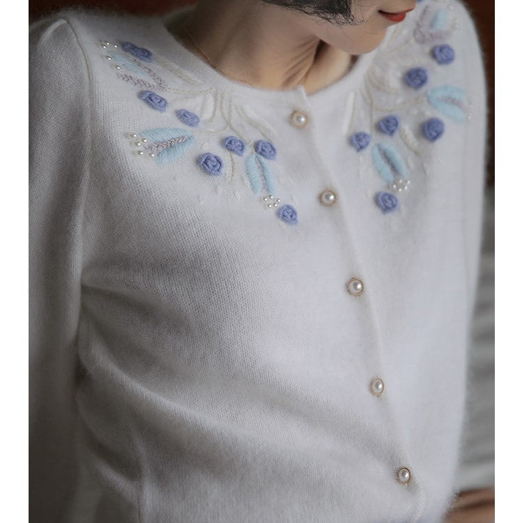 blue flower embroidery knit cardigan