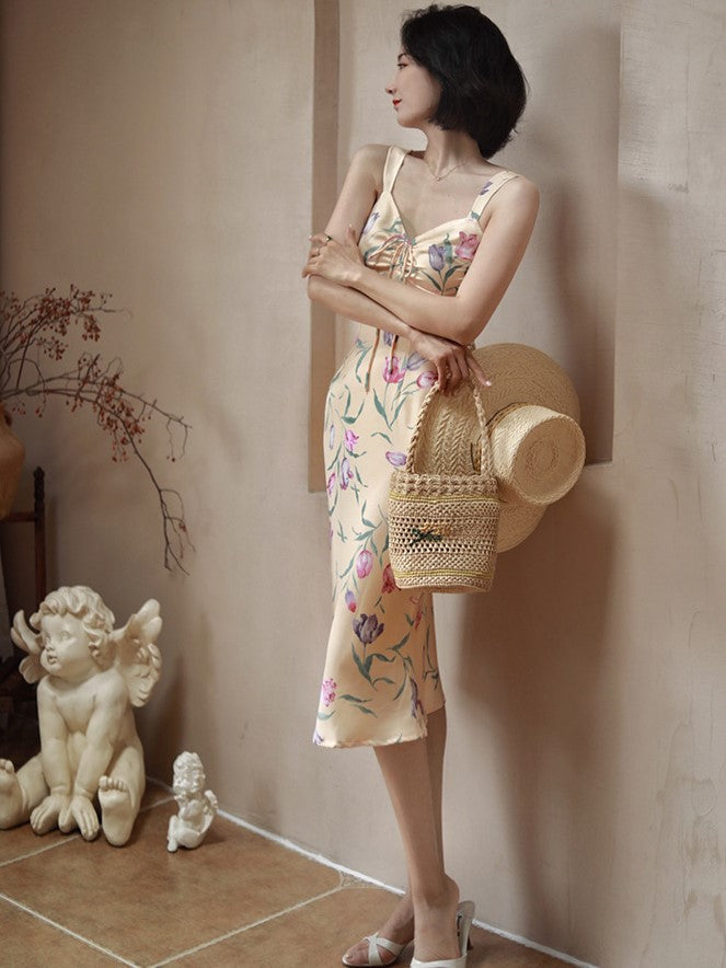 Crimson Floral Pattern Retro Strap Dress