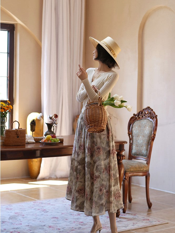 Oil painting rose pattern retro skirt