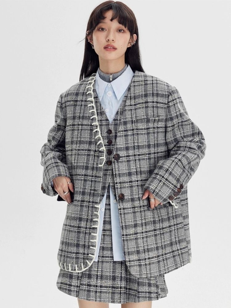 Plaid vest jacket and pleated skirt【s0000003970】