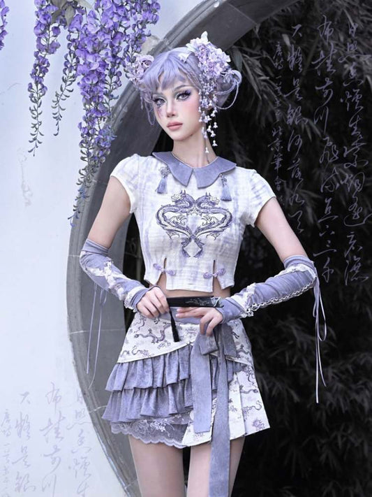 Chinese Style Dragon Print Stretch Knit T-Shirt【s0000009043】