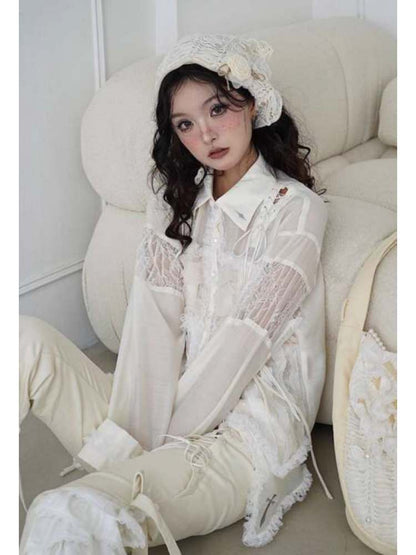 Lace-Up Crosses Embroidery Chiffon Lace Trim Shirt【s0000008151】