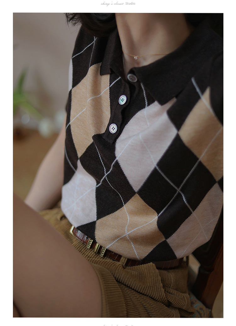 Scandinavian Argyle Pattern Retro Polo Knit