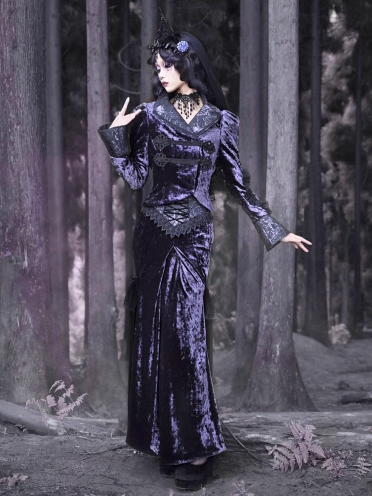 Gothic Velvet Lace Flower Lace Up Blouse【s0000003871】