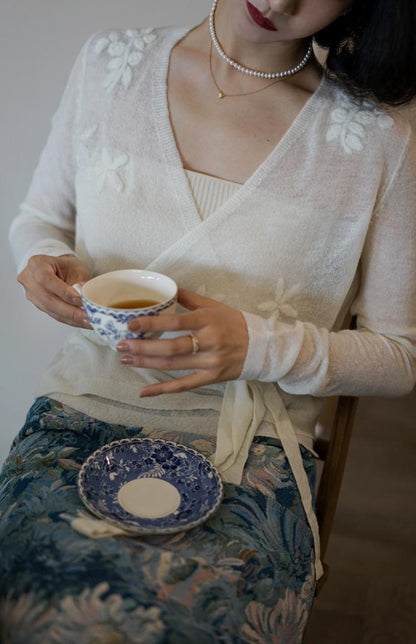 Floral embroidery white knit cardigan