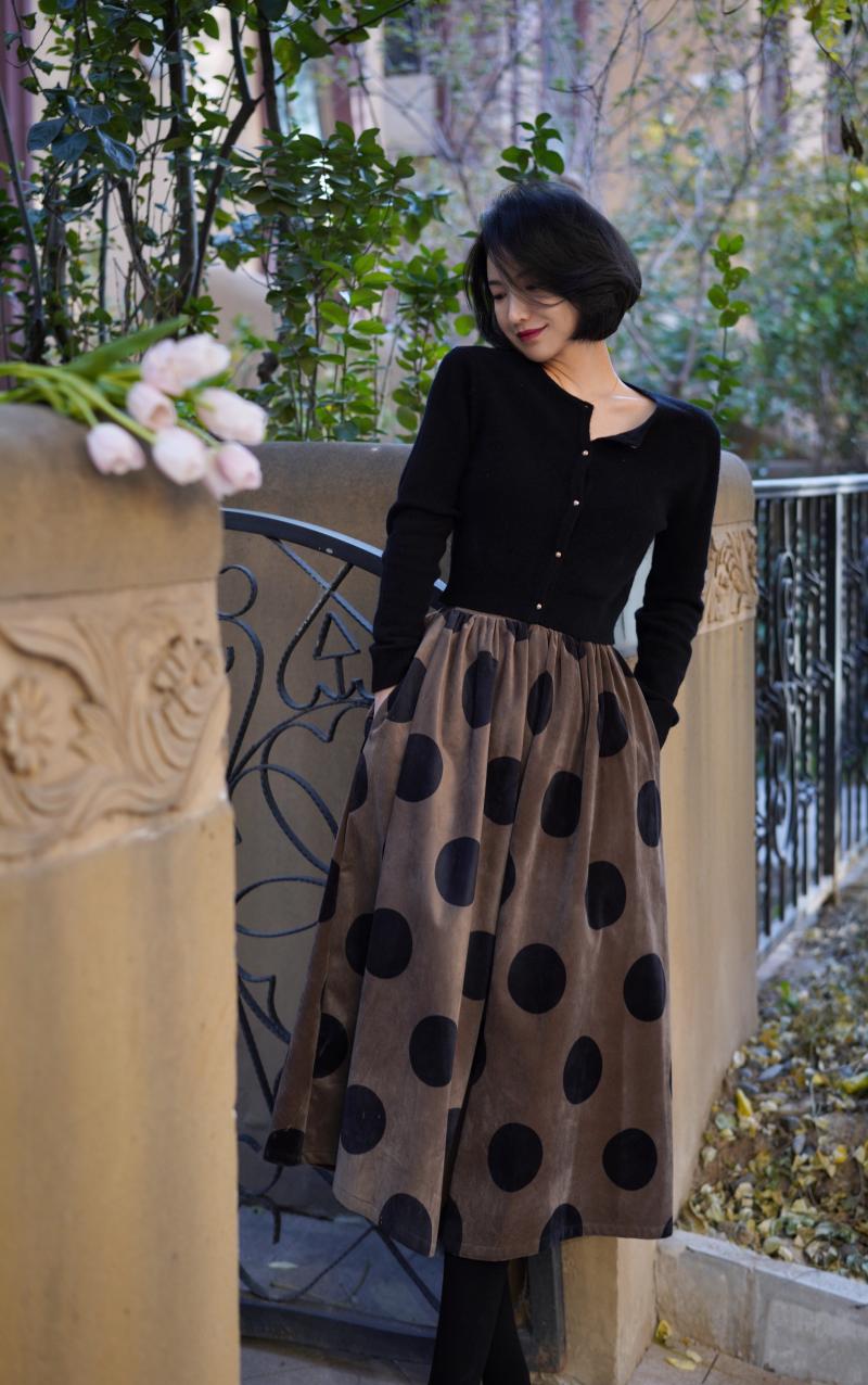 Birch brown polka dot velvet umbrella skirt