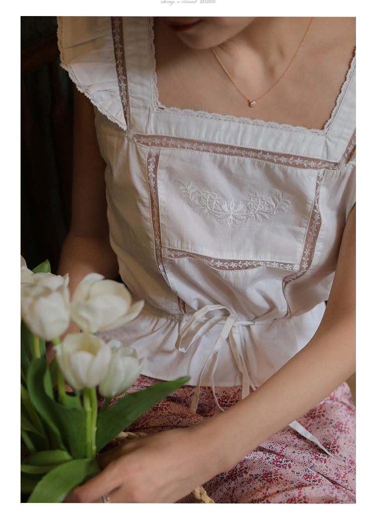 White Thread Embroidered Vintage Tops