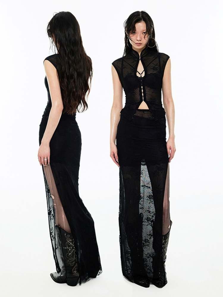 Mesh Lace Cheongsam Blouse & Skirt Set【s0000009176】