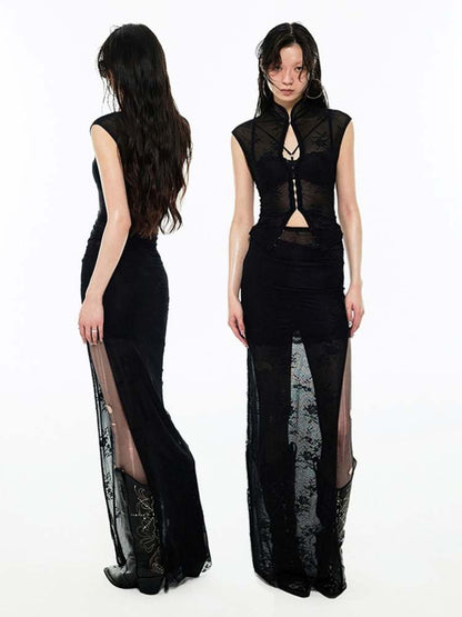 Mesh Lace Cheongsam Blouse & Skirt Set【s0000009176】