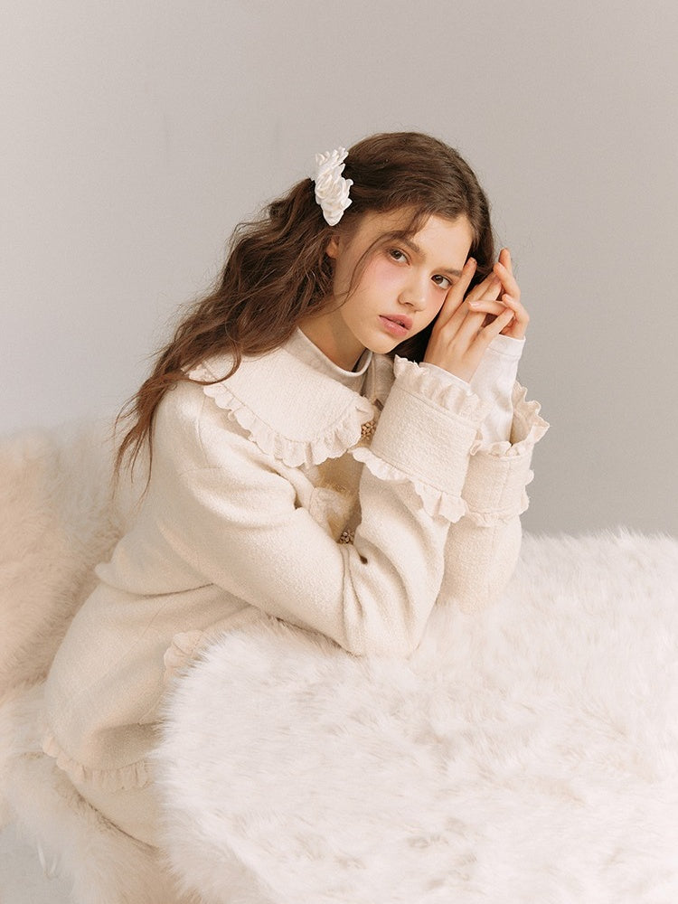 Wool Weave Lazy Bouquet Button Frills Jacket & Skirt【s0000003857】