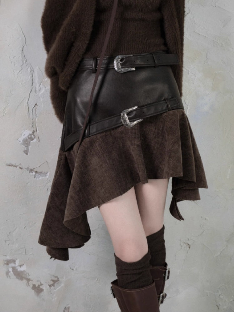 Belt Accent Irregular PU Leather Switching Mini Skirt【s0000004401】