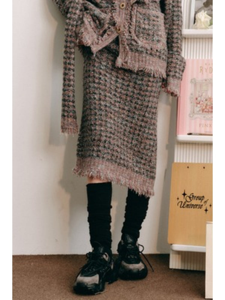 Knitted Fringe Cardigan Jacket With Stole ＆ Long Skirt【s0000003854】