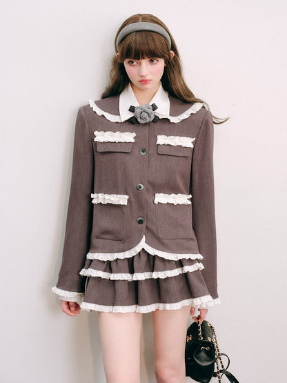 Lace Stitch College Taste Jacket ＆ Puffy Mini Skirt【s0000003853】