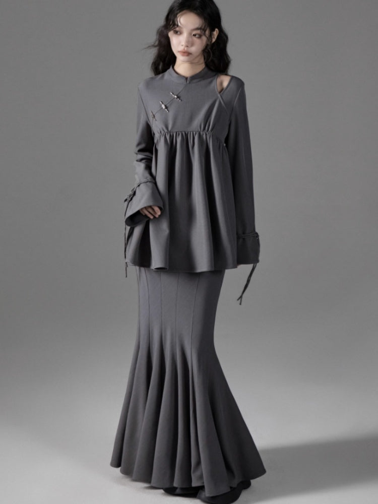 Mao Collar Switching Peplum Tops & Mermaid Skirt【s0000004393】