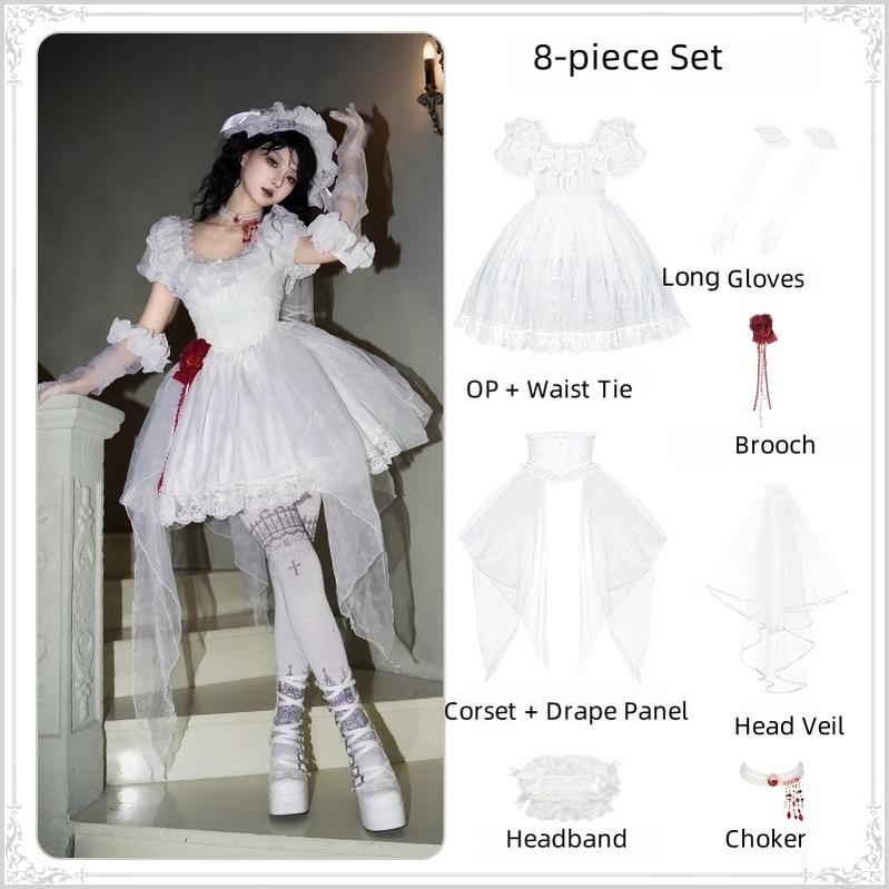 With PUJI - Dawn's Last Light - Castle Printed White Gothic Lolita OP, Two Length Styles