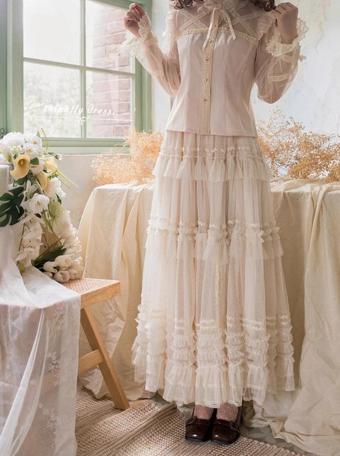 ThinkFly - Pleated Heart - Elegant Lolita Petticoat with Dotted Gauze Hem