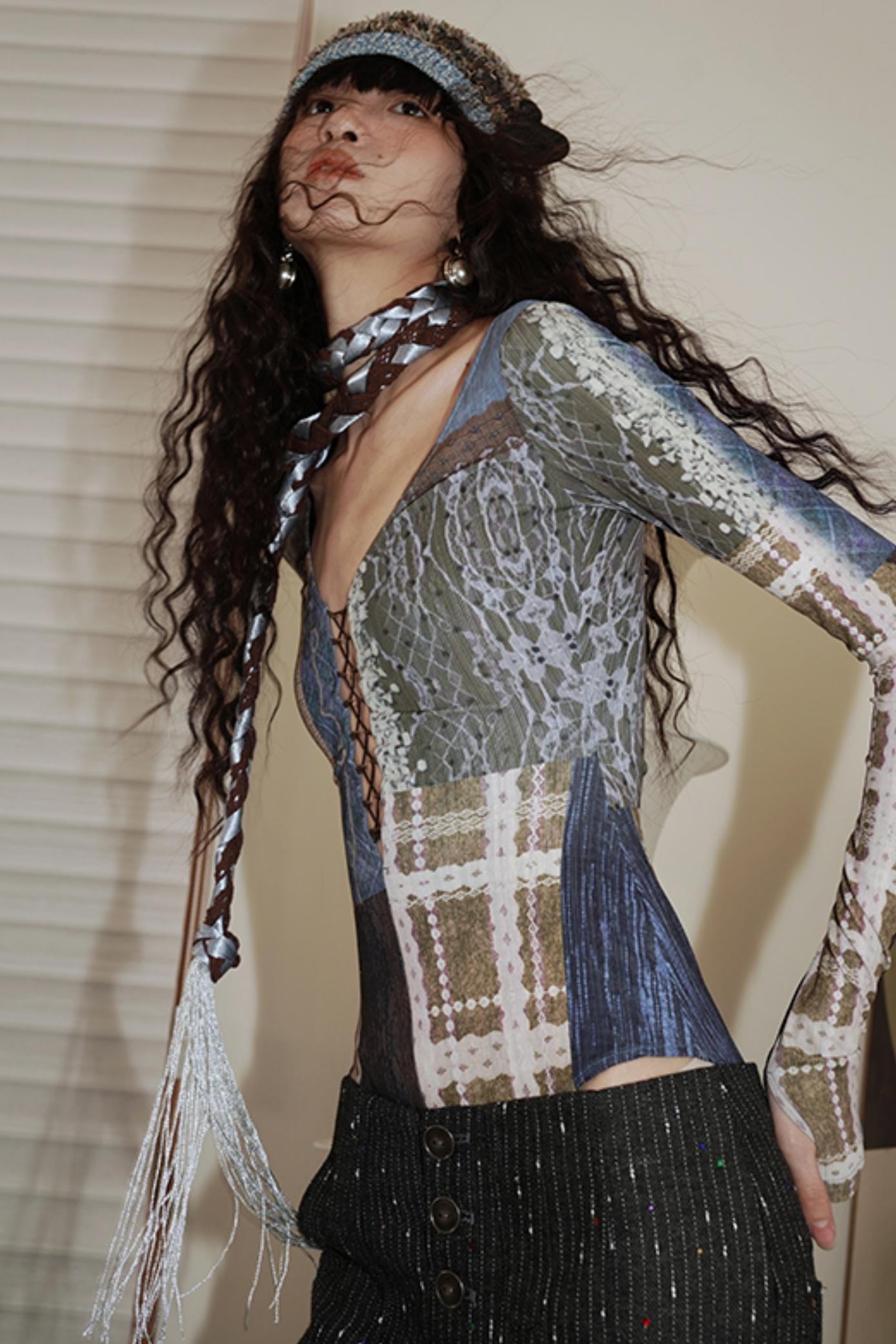 Retro Western Print V-Neck Bodysuit Top