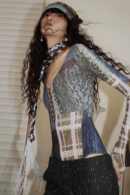 Retro Western Print V-Neck Bodysuit Top