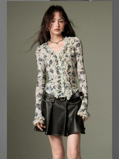 Floral lace long-sleeved v-neck shirt【s0000003270】