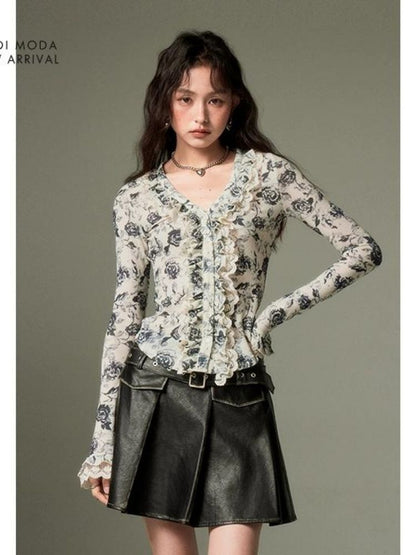 Floral lace long-sleeved v-neck shirt【s0000003270】