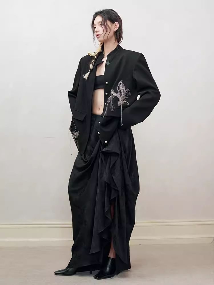 Dark jacquard ruched half-body skirt【s0000008179】