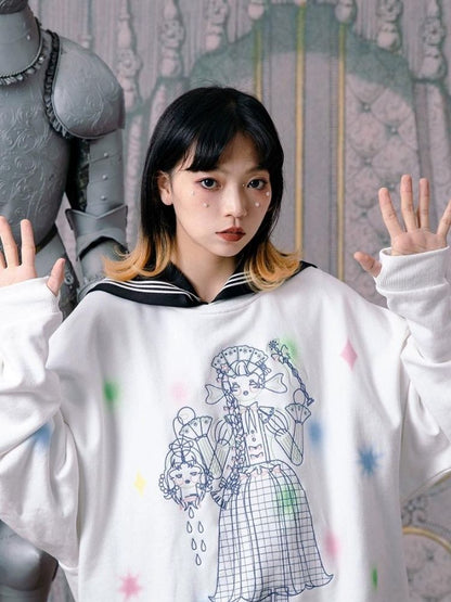 Embroidered navy collar tops【s0000003614】