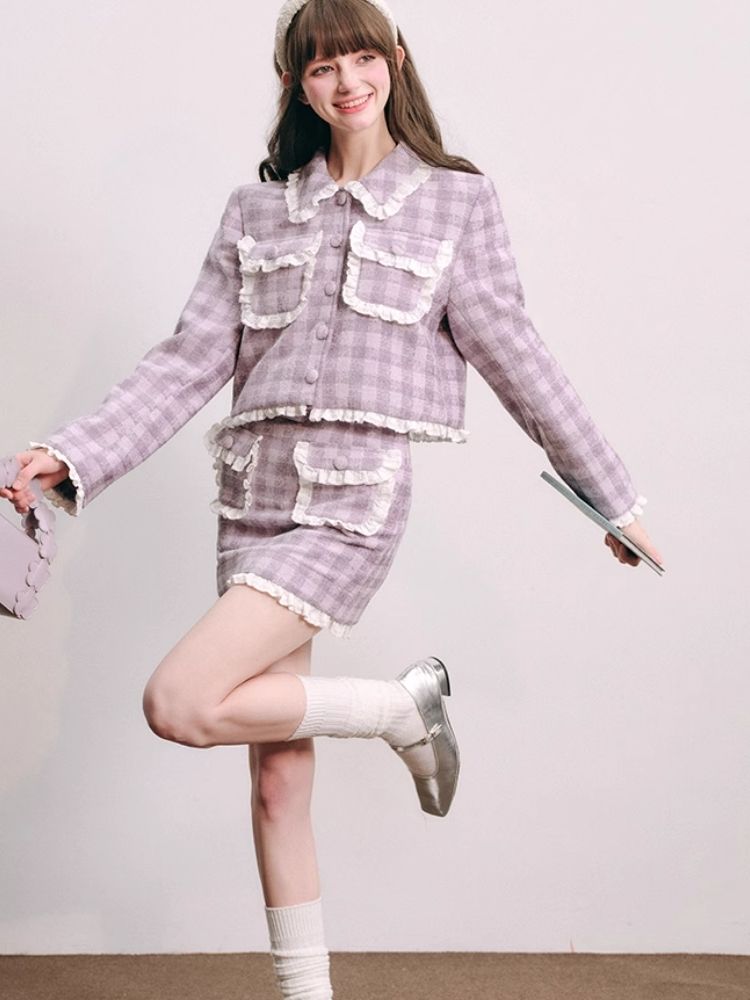 Purple lace jacket half skirt two-piece【s0000004446】