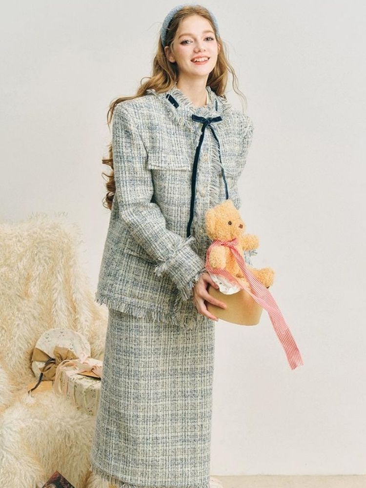 Blue velvet wool two-piece【s0000004612】