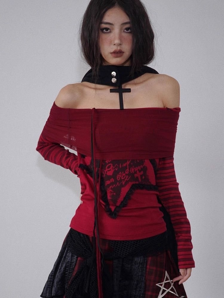 One Shoulder Red and Black Printed Knit Slim Top【s0000004932】