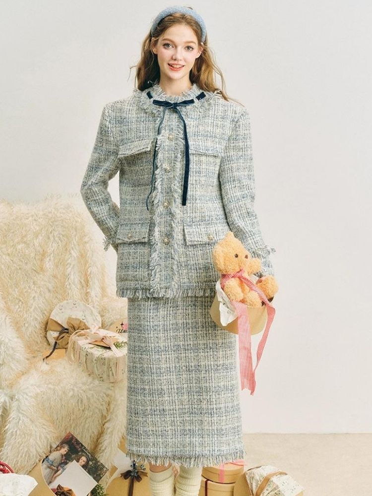 Blue velvet wool two-piece【s0000004612】