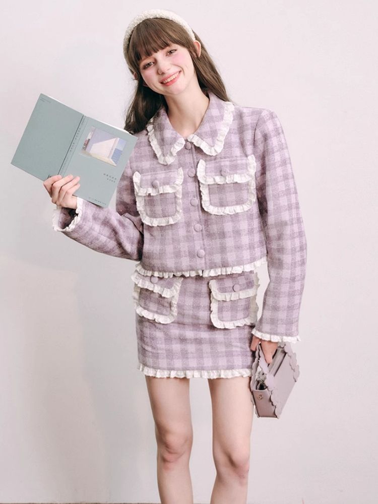 Purple lace jacket half skirt two-piece【s0000004446】