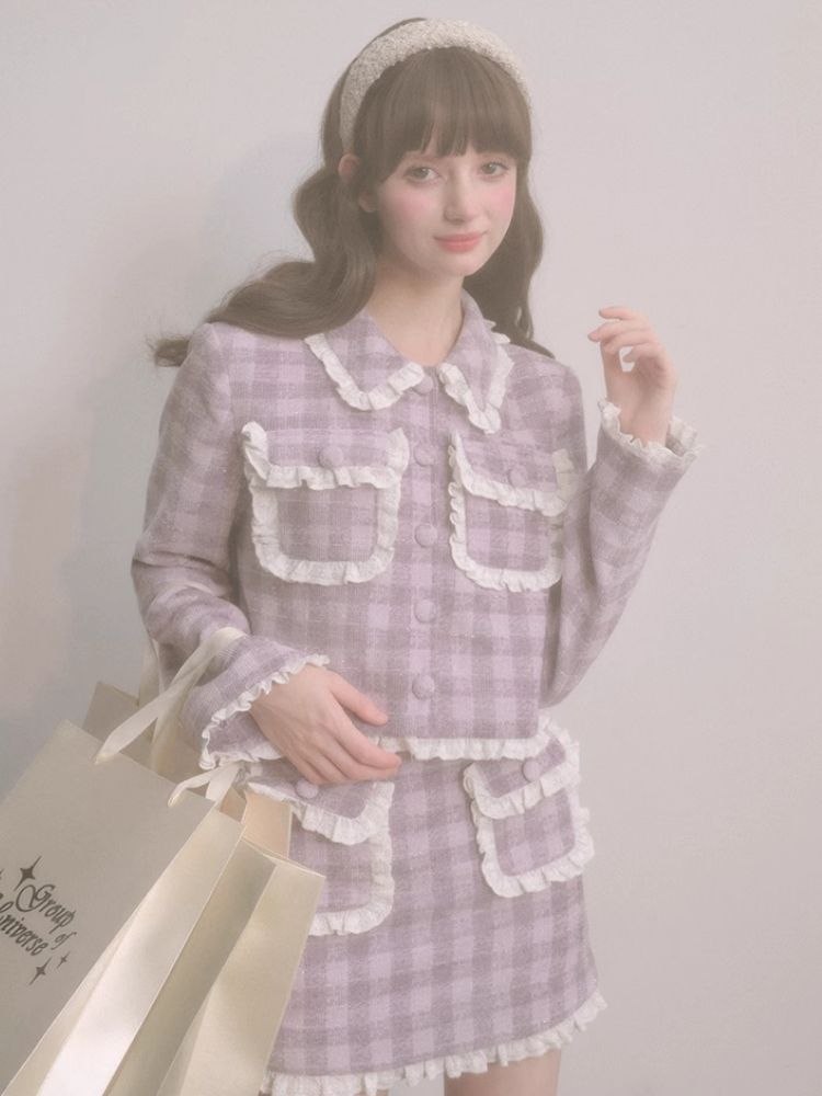 Purple lace jacket half skirt two-piece【s0000004446】
