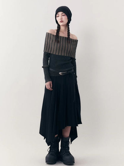 One-shoulder lapel knit sweater【s0000006392】