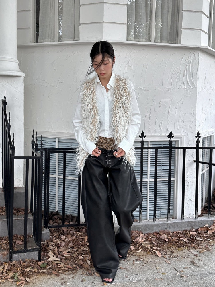 Leopard Pattern Splicing Leather Wide Pants【s0000004171】