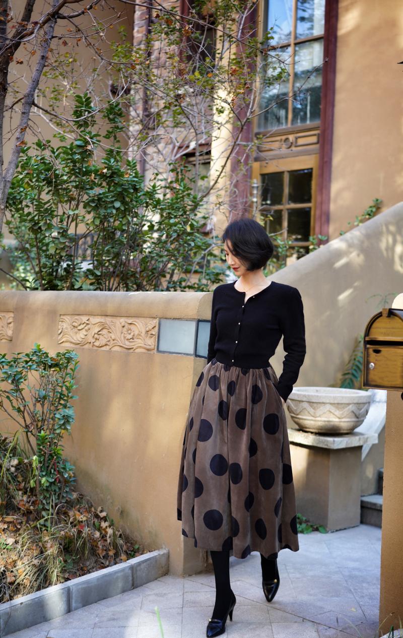 Birch brown polka dot velvet umbrella skirt