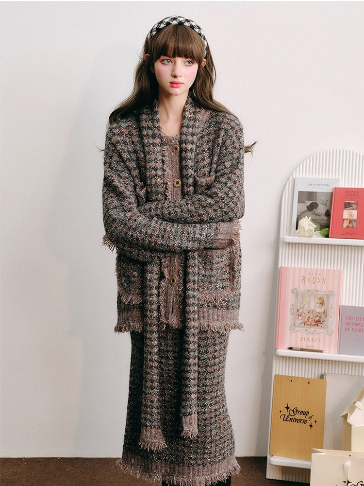 Knitted Fringe Cardigan Jacket With Stole ＆ Long Skirt【s0000003854】