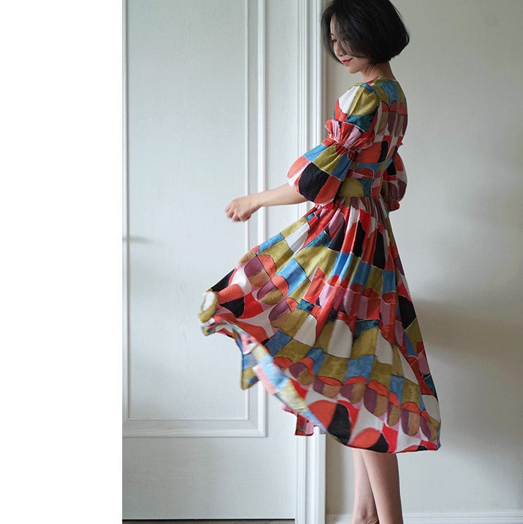 Geometric pattern oil painting dress