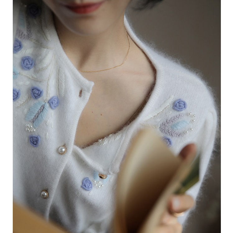 blue flower embroidery knit cardigan