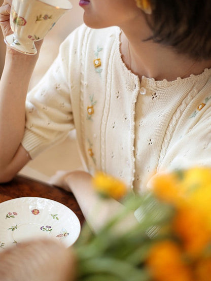 Ivory Flower Embroidered Knit Cardigan