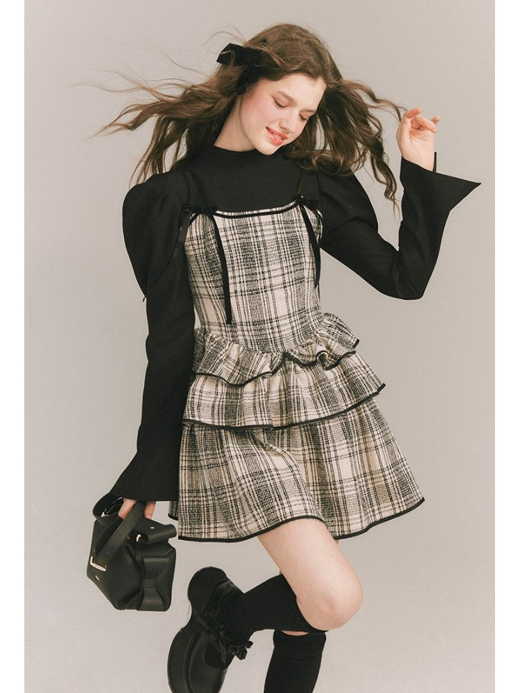 Plaid Cake Skirt Faux Two Piece Dress【s0000003859】