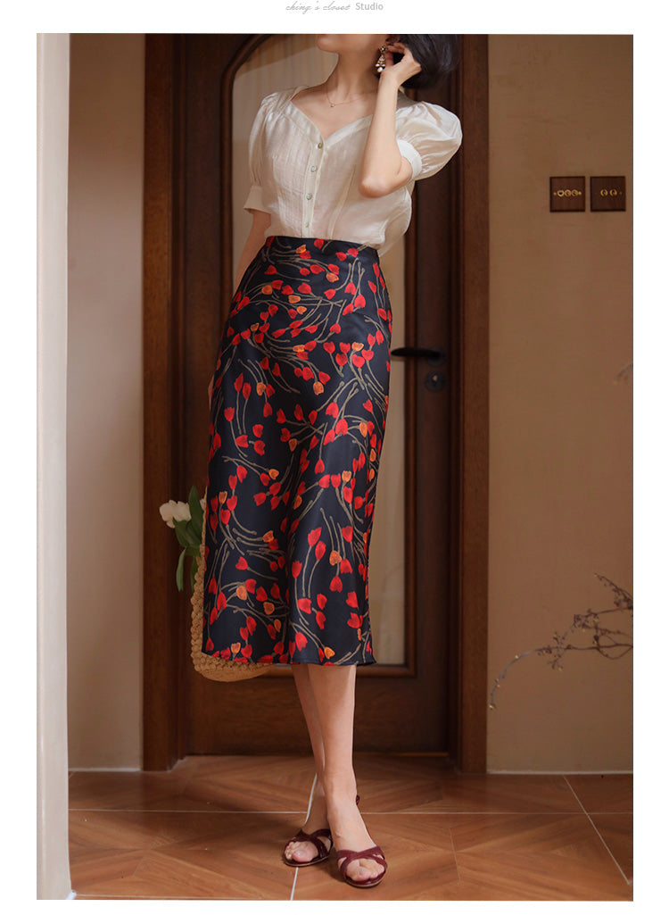 Crimson Floral French Skirt