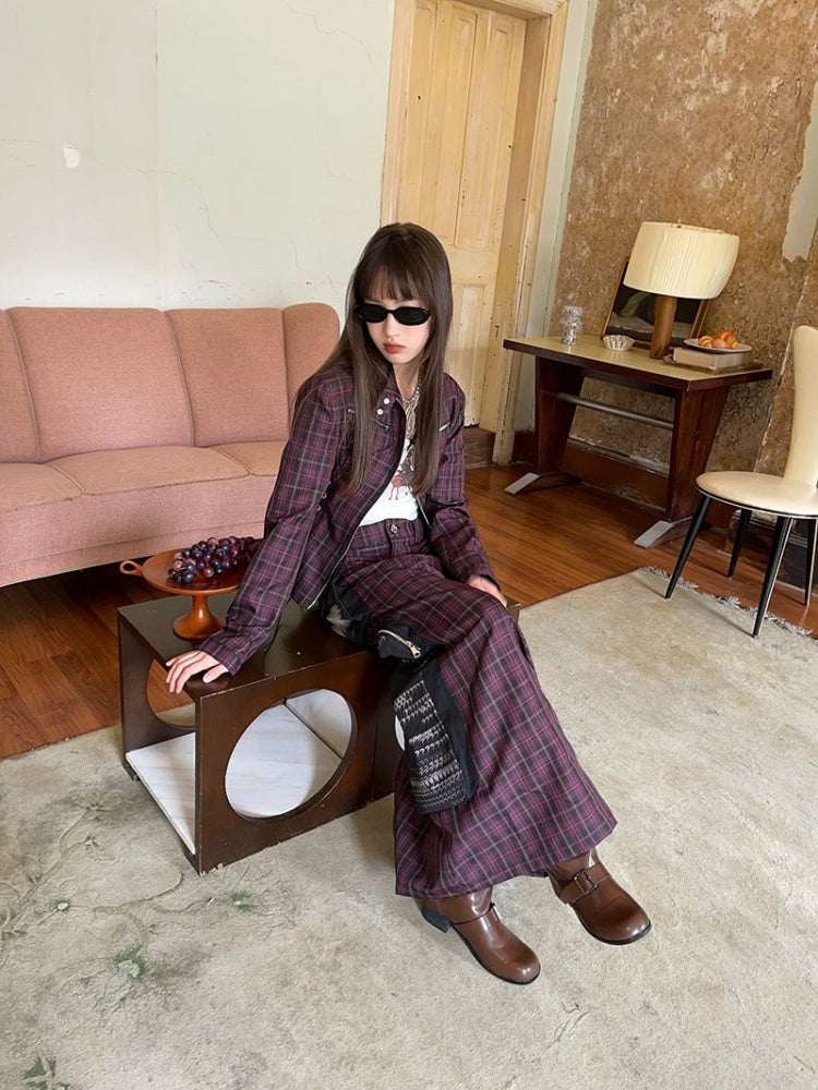 Plaid Zipper Short Jacket & Patch Pocket Long Skirt【s0000003884】