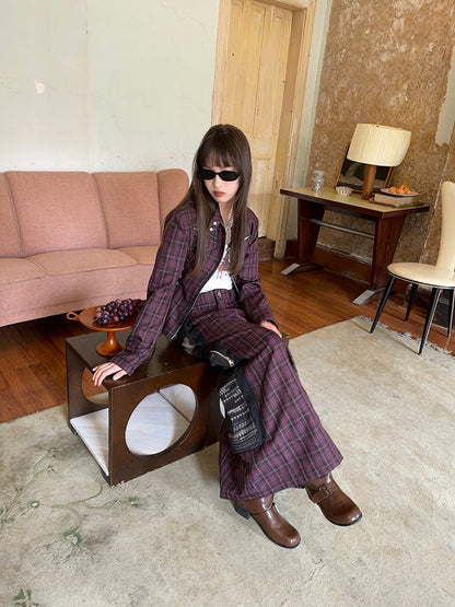 Plaid Zipper Short Jacket & Patch Pocket Long Skirt【s0000003884】