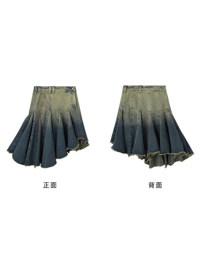 Gradient Bandage Irregular Hem Denim Skirt【s0000003194】