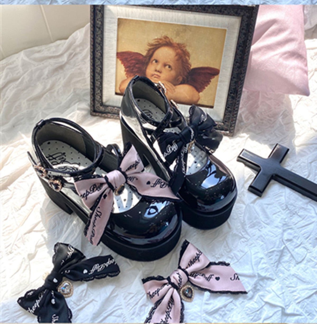 Sheep Puff - Black Pink Japanese Lolita Thick Heel Shoes