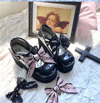Sheep Puff - Black Pink Japanese Lolita Thick Heel Shoes